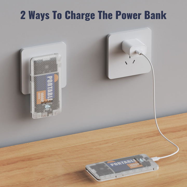 LUCKY FELLOW 10000mAh Power Bank: built-in 20W AC plug for fast charging. Compact, portable design with high-capacity battery. Perfect for smartphones, tablets, and other devices. Heloideo