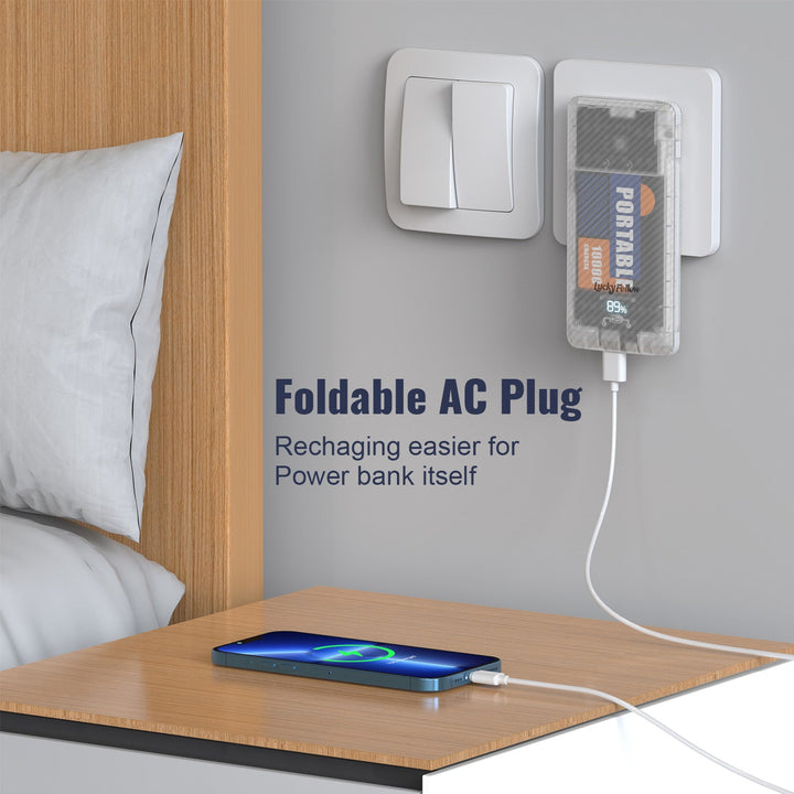 LUCKY FELLOW 10000mAh Power Bank: built-in 20W AC plug for fast charging. Compact, portable design with high-capacity battery. Perfect for smartphones, tablets, and other devices. Heloideo