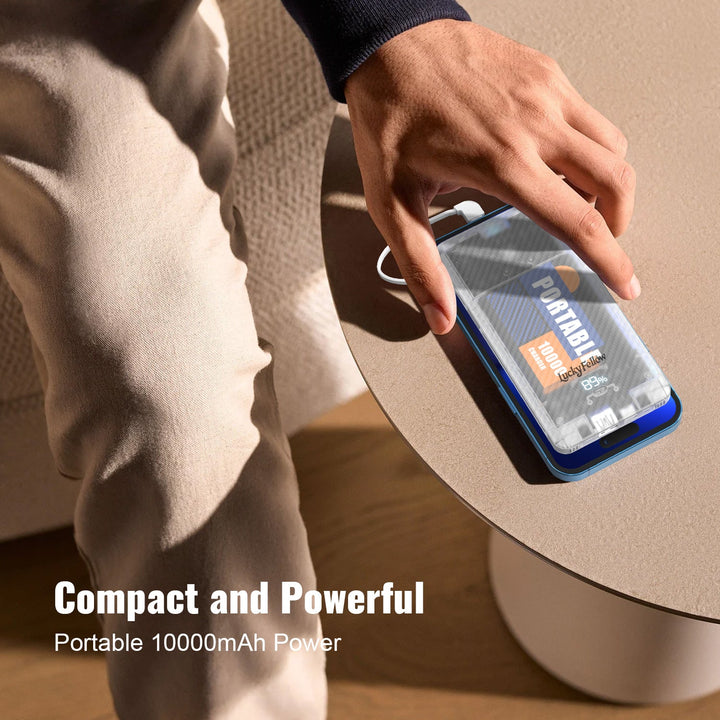 LUCKY FELLOW 10000mAh Power Bank: built-in 20W AC plug for fast charging. Compact, portable design with high-capacity battery. Perfect for smartphones, tablets, and other devices. Heloideo