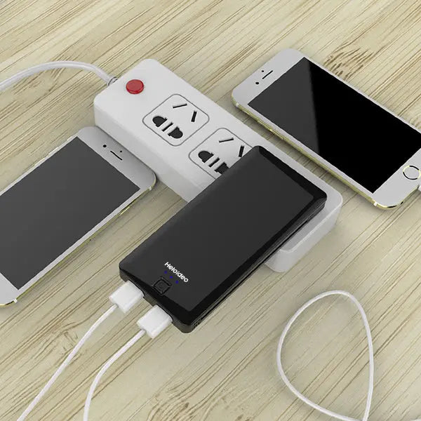 Heloideo ultra slim dual USB ports power bank 5000mAh Portable Powerbank Charger With Built In  AC Outlet, Lightning Cable and Micro usb cable, Slim External Battery Pack for Android / iPhone PB085A Heloideo