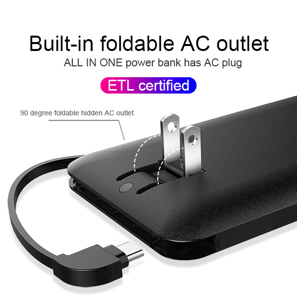 OEM customized words portable charger 10000mAh best power bank with ac plug built-in iphone charger cable Micro Cable Type-c cable for iPhone Android Heloideo PB147AC Heloideo