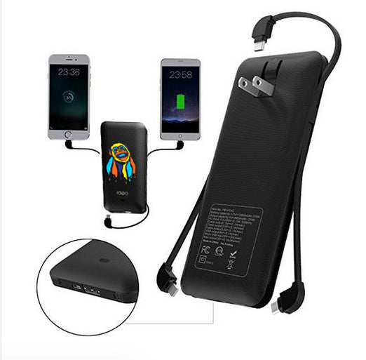 OEM customized words portable charger 10000mAh best power bank with ac plug built-in iphone charger cable Micro Cable Type-c cable for iPhone Android Heloideo PB147AC Heloideo