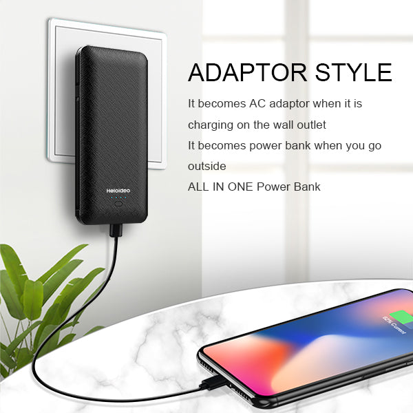 OEM customized words portable charger 10000mAh best power bank with ac plug built-in iphone charger cable Micro Cable Type-c cable for iPhone Android Heloideo PB147AC Heloideo