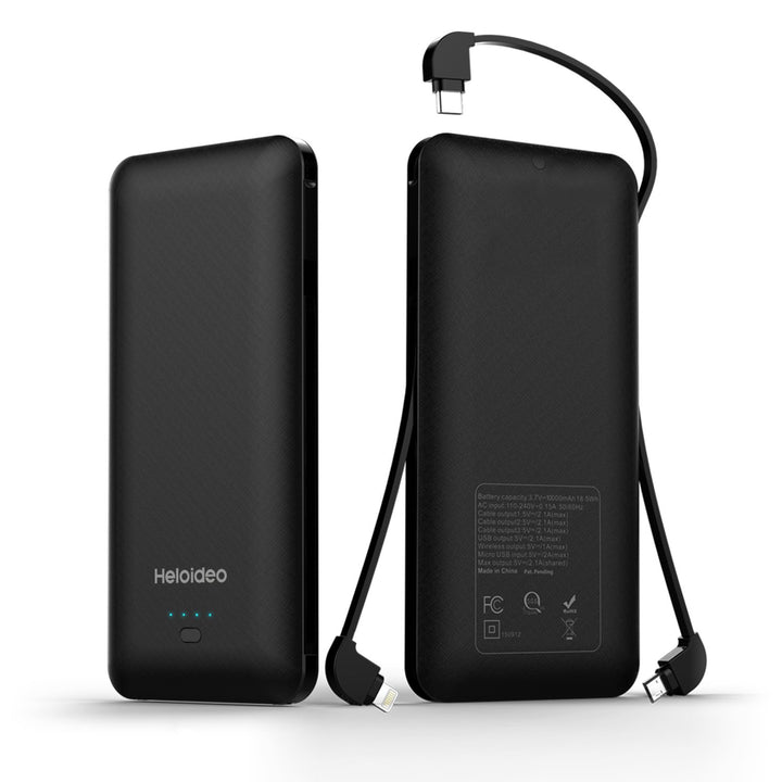 10000mAh Heloideo Slim Portable Charger Compact Power Bank External Battery Pack Charger with Cable Built-in Micro Type-c Three Kinds cable 10000mah for Mobile Phone 📱PB147 ( NO AC outlet） Heloideo